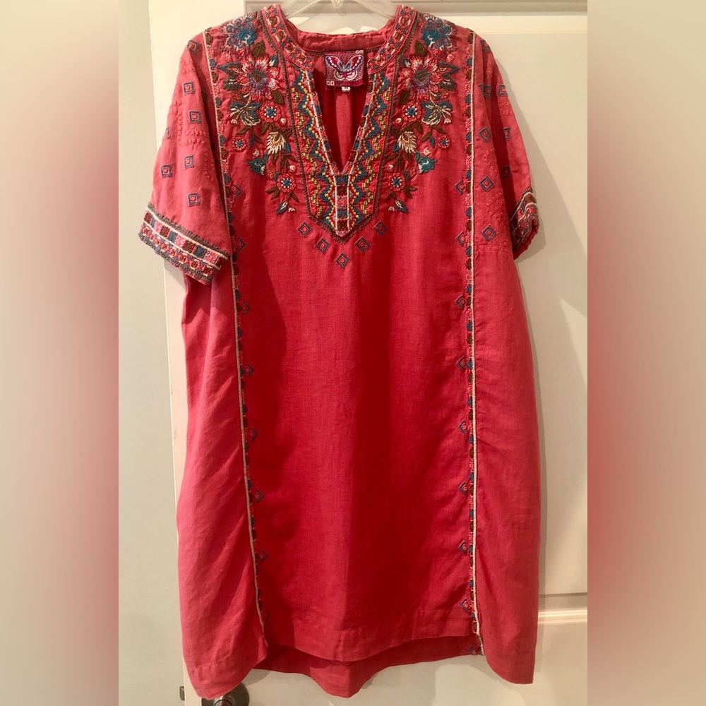 Johnny Was Coral Embroidered Linen Dress